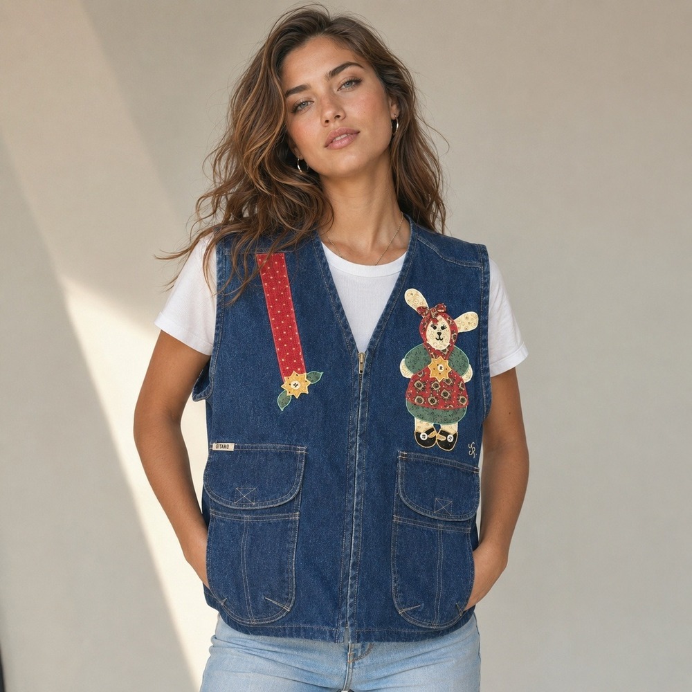 VTG 90s Gitano Denim‎ Vest Bunny Rabbit Applique Zip Up Cargo Pockets Medium